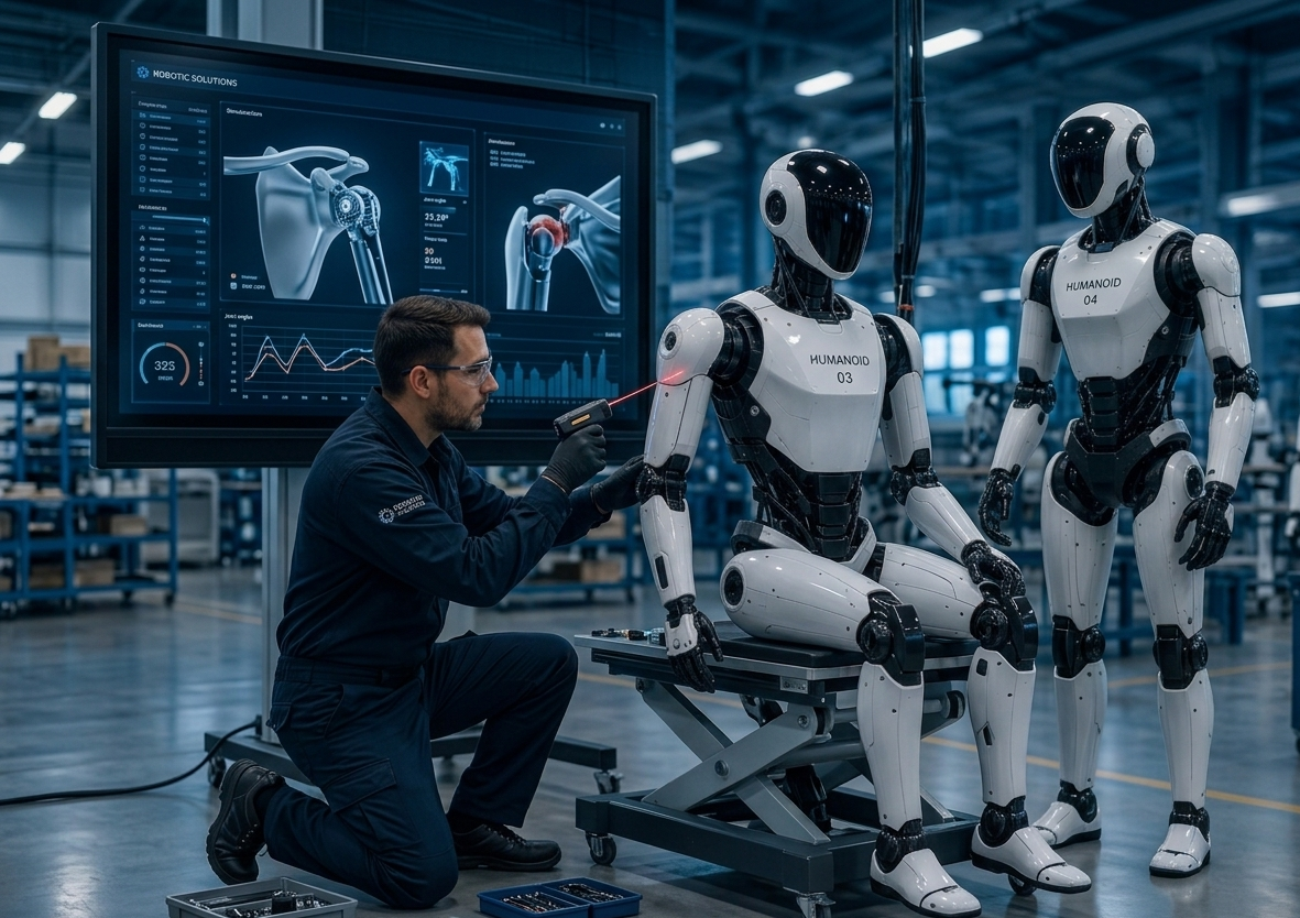 Técnico realizando mantenimiento de robot humanoide