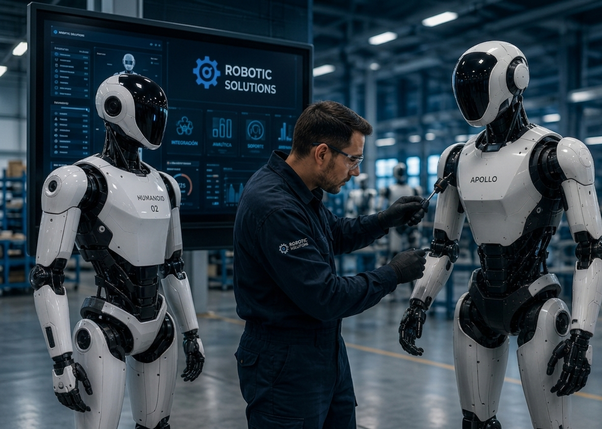 Robots humanoides junto a técnico ante dashboard Robotic Solutions