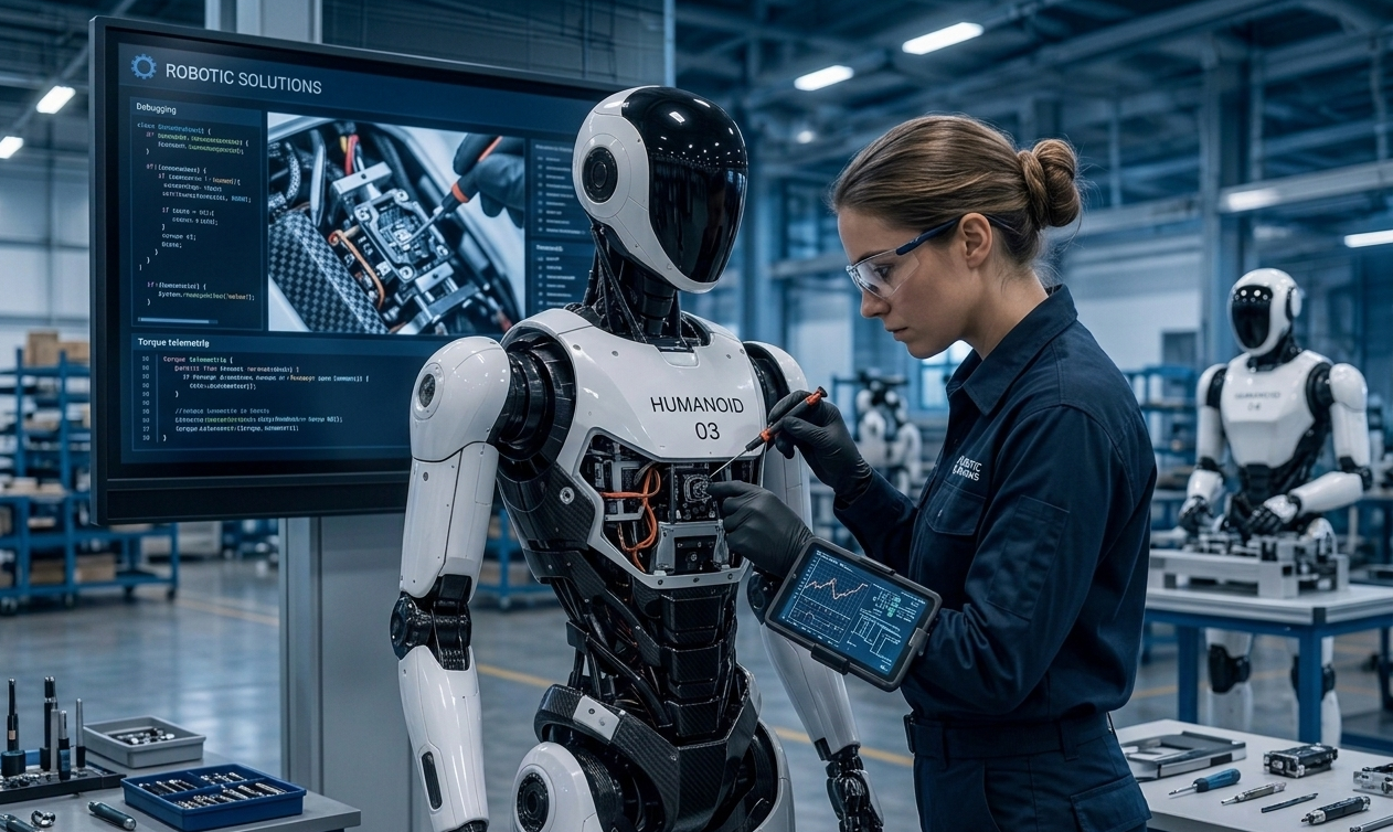 Técnico certificado realizando mantenimiento en robot humanoide